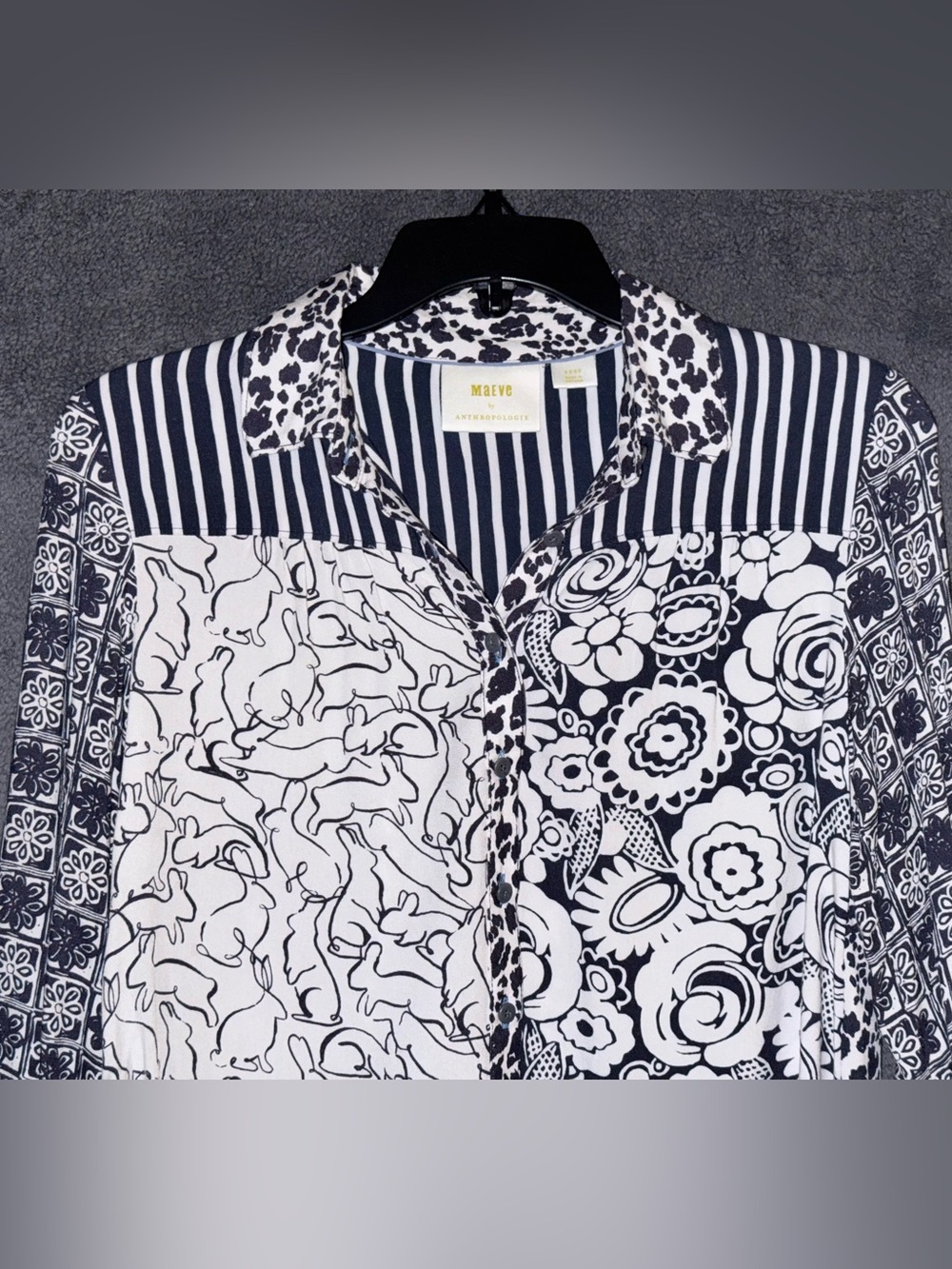 Maeve by Anthropologie Black and White Mixed-Print Button-Down Shirt Size XXSP - Picture 3 of 10